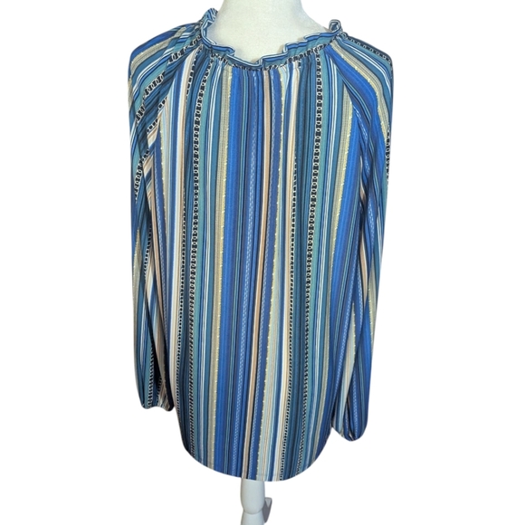 Susan Graver Blue and White Liquid Knit peasant Tie Front Blouse Sz XL - Picture 2 of 8